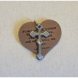 Silver Tone Bronze Look Religious Heart Cross Scripture 12:34 Charm Pendant CP1